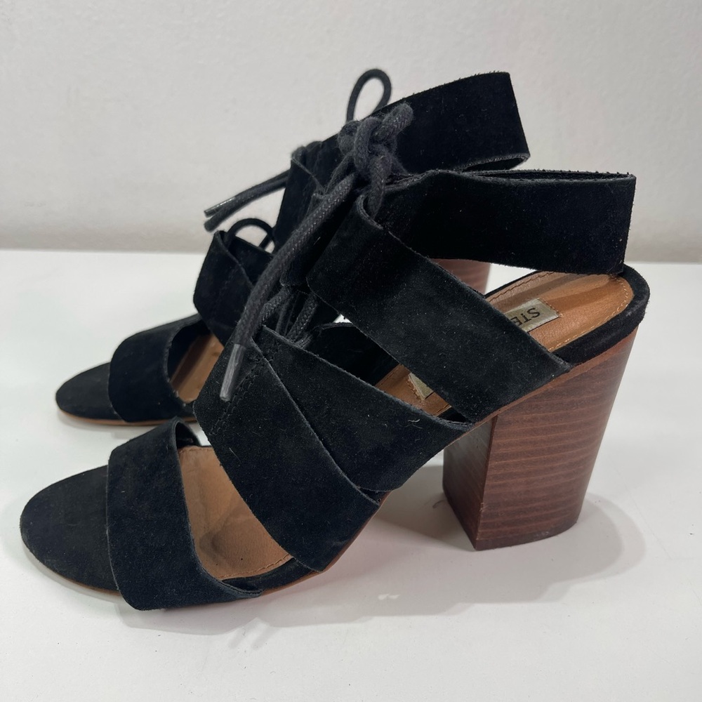 Steve Madden Block Heel Sandal Black 6.5M Women Suede Sling Back Tie Up Open Toe